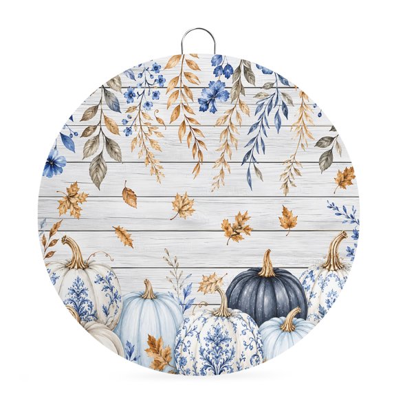 Welcome Sign Front Door Decorations, Navy Blue Pumpkins Fall Round Wall Art Outdoor Metal Wreaths, Thanksgiving Botanical Leaf Wood Seasonal Hanging Sign for Home Porch Decor Warming Gift 6 In