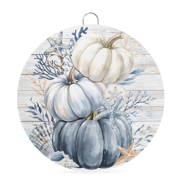 Welcome Sign Front Door Decorations, Navy Blue Pumpkins Fall Round Wall Art Outdoor Metal Wreaths, Thanksgiving Coastal Wooden Seaside Seasonal Hanging Sign for Home Porch Decor Warming Gift 6 In