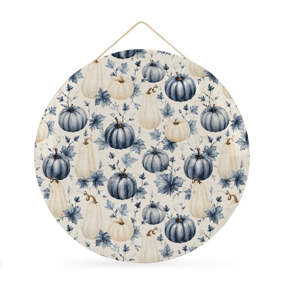 Welcome Sign Front Door Decorations, Navy Blue Pumpkins Fall Round Wall Art Outdoor Metal Wreaths, Thanksgiving Maple Vintage Autumn Seasonal Hanging Sign for Home Porch Decor Warming Gift 12 In