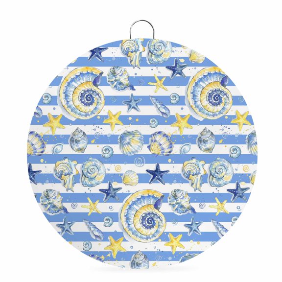 Welcome Sign Front Door Decorations, Ocean Blue Conch Round Wall Art Outdoor Metal Wreaths, Summer Starfish Shells Farmhouse Stripes Seasonal Hanging Sign for Home Porch Decor Warming Gift 6 In