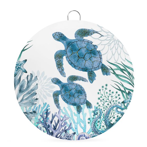 Welcome Sign Front Door Decorations, Ocean Blue Turtles Round Wall Art Outdoor Metal Wreaths, Coastal Octopus Coral Nautical Seagrass Seasonal Hanging Sign for Home Porch Decor Warming Gift 8 In