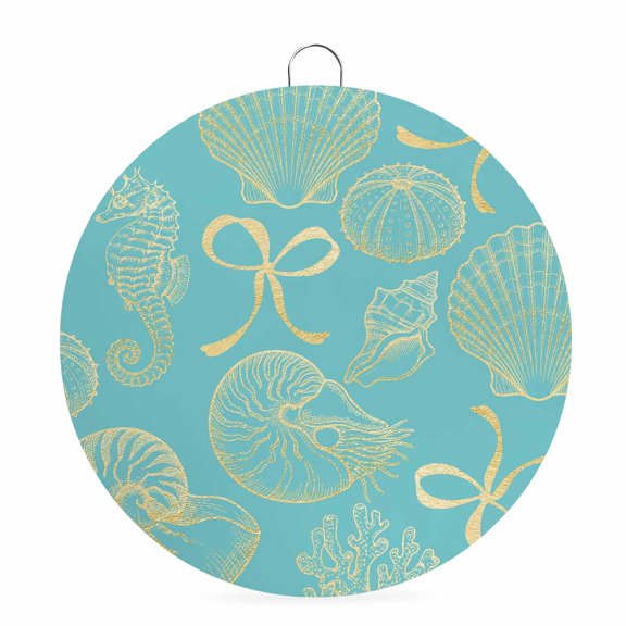 Welcome Sign Front Door Decorations, Ocean Conch Shell Round Wall Art Outdoor Metal Wreaths, Coastal Seahorse Coral Bows Vintage Blue Seasonal Hanging Sign for Home Porch Decor Warming Gift 6 In