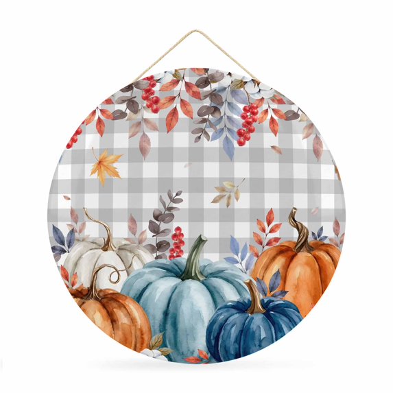Welcome Sign Front Door Decorations, Orange Blue Fall Round Wall Art Outdoor Metal Wreaths, Thanksgiving Pumpkins Leaves Grey Checked Seasonal Hanging Sign for Home Porch Decor Warming Gift 12 In