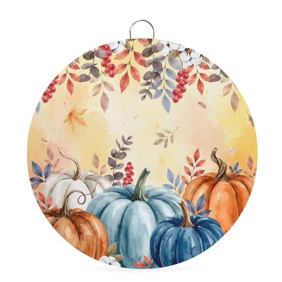 Welcome Sign Front Door Decorations, Orange Blue Fall Round Wall Art Outdoor Metal Wreaths, Thanksgiving Pumpkins Leaves Ombre Seasonal Hanging Sign for Home Porch Decor Warming Gift 6 In