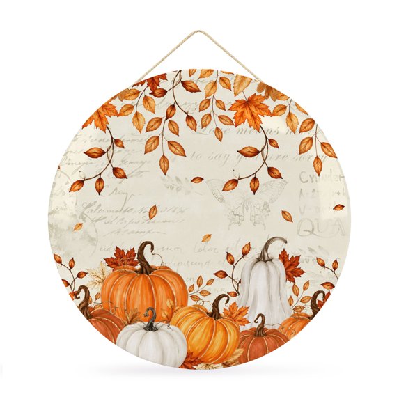 Welcome Sign Front Door Decorations, Orange Fall Round Wall Art Outdoor Metal Wreaths, Pumpkin Thanksgiving Maple Leaf Botanical Seasonal Hanging Sign for Home Porch Decor Warming Gift 12 In