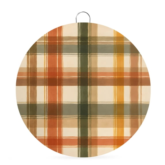 Welcome Sign Front Door Decorations, Orange Green Checked Round Wall Art Outdoor Metal Wreaths, Fall Thanksgiving Buffalo Plaid Seasonal Hanging Sign for Home Porch Decor Warming Gift 6 In