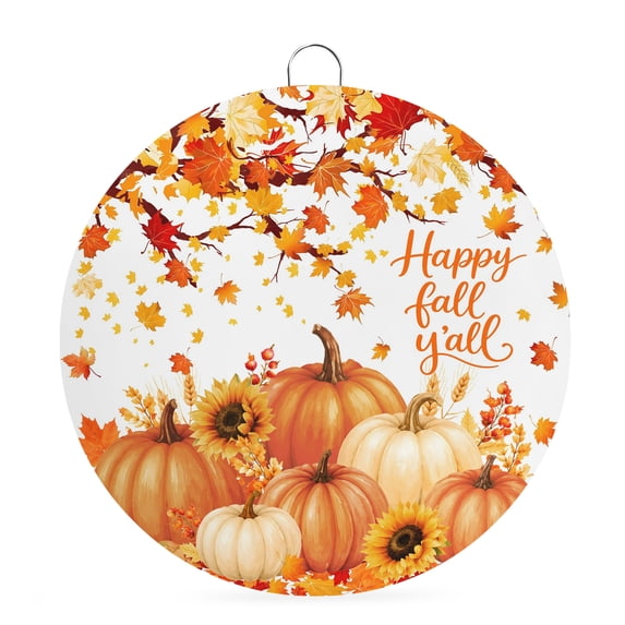 Welcome Sign Front Door Decorations, Orange Pumpkin Fall Round Wall Art Outdoor Metal Wreaths, Thanksgiving Maple Leaf Sunflower Seasonal Hanging Sign for Home Porch Decor Warming Gift 6 In