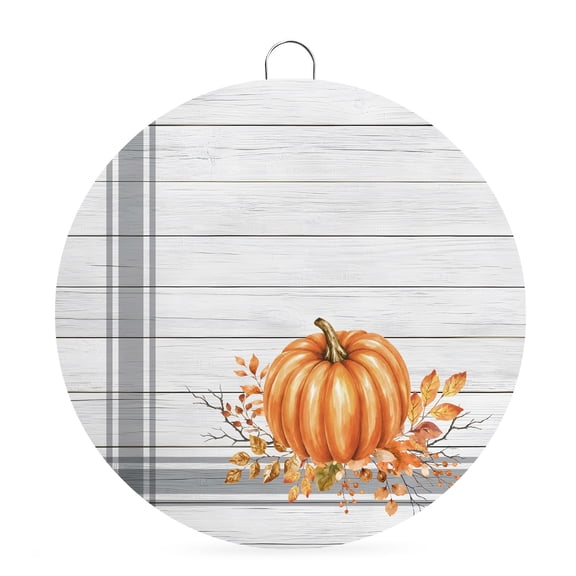 Welcome Sign Front Door Decorations, Orange Pumpkin Fall Round Wall Art Outdoor Metal Wreaths, Thanksgiving Wooden Stripes Vintage Seasonal Hanging Sign for Home Porch Decor Warming Gift 6 In