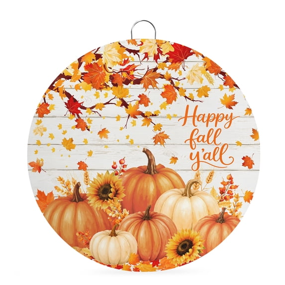 Welcome Sign Front Door Decorations, Orange Pumpkins Fall Round Wall Art Outdoor Metal Wreaths, Thanksgiving Branches Maple Leaves Wood Seasonal Hanging Sign for Home Porch Decor Warming Gift 8 In