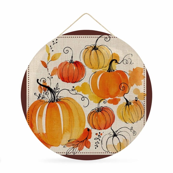 Welcome Sign Front Door Decorations, Orange Pumpkins Round Wall Art Outdoor Metal Wreaths, Fall Thanksgiving Maple Leaf Farmhouse Beige Seasonal Hanging Sign for Home Porch Decor Warming Gift 12 In