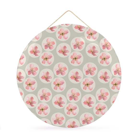 Welcome Sign Front Door Decorations, Pink Cherry Flower Round Wall Art Outdoor Metal Wreaths, Spring Floral Blossoms Botanical Beige Seasonal Hanging Sign for Home Porch Decor Warming Gift 12 In