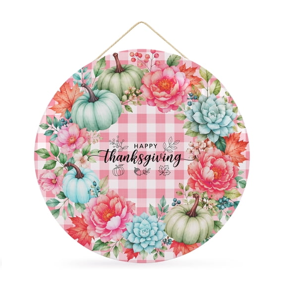 Welcome Sign Front Door Decorations, Pink Happy Thanksgiving Round Wall Art Outdoor Metal Wreaths, Pink Checked Fall Pumpkins Seasonal Hanging Sign for Home Porch Decor Warming Gift 12 In