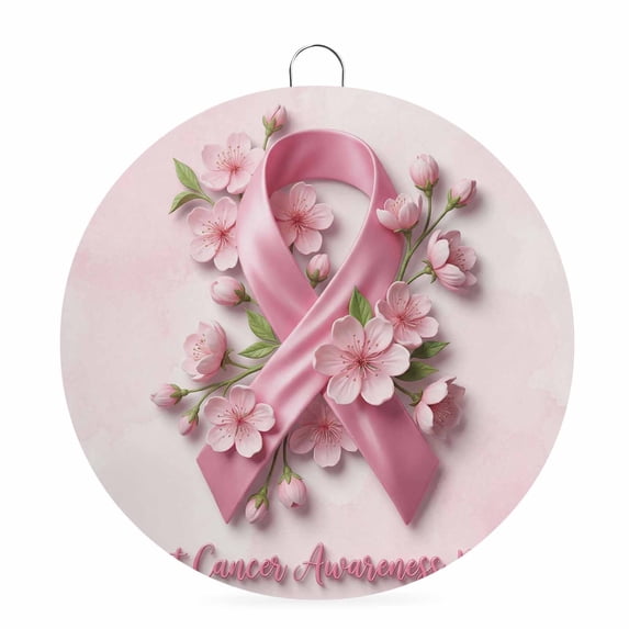 Welcome Sign Front Door Decorations, Pink String Round Wall Art Outdoor Metal Wreaths, Spring Chic Flowers Breast Cancer Awareness Seasonal Hanging Sign for Home Porch Decor Warming Gift 6 In
