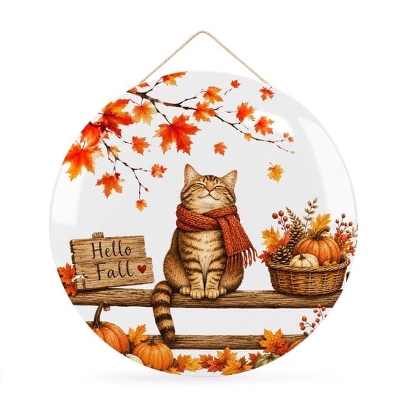 Welcome Sign Front Door Decorations, Pumpkins Cat Fall Round Wall Art Outdoor Metal Wreaths, Thanksgiving Leaves Branches Seasonal Hanging Sign for Home Porch Decor Warming Gift 12 In