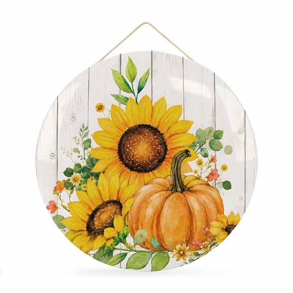 Welcome Sign Front Door Decorations, Pumpkins Fall Round Wall Art Outdoor Metal Wreaths, Thanksgiving Sunflowers Wooden Leaves Seasonal Hanging Sign for Home Porch Decor Warming Gift 12 In