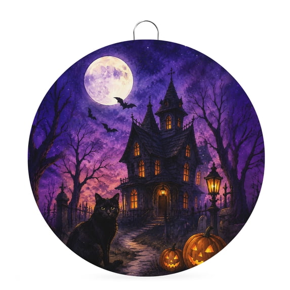 Welcome Sign Front Door Decorations, Purple Black Halloween Round Wall Art Outdoor Metal Wreaths, Horror Pumpkins Cat Castle Seasonal Hanging Sign for Home Porch Decor Warming Gift 6 In