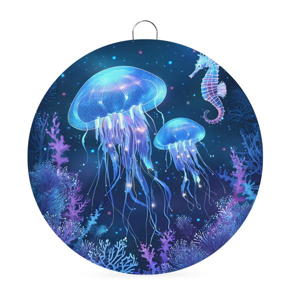 Welcome Sign Front Door Decorations, Purple Blue Jellyfish Round Wall Art Outdoor Metal Wreaths, Coastal Fancy Ocean Seahorse Coral Seasonal Hanging Sign for Home Porch Decor Warming Gift 6 In