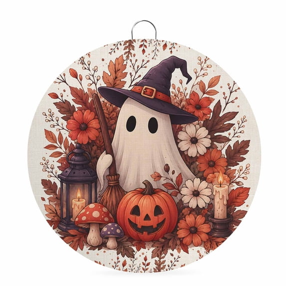 Welcome Sign Front Door Decorations, Red Halloween Round Wall Art Outdoor Metal Wreaths, Ghost Floral Spook Pumpkins Seasonal Hanging Sign for Home Porch Decor Warming Gift 8 In
