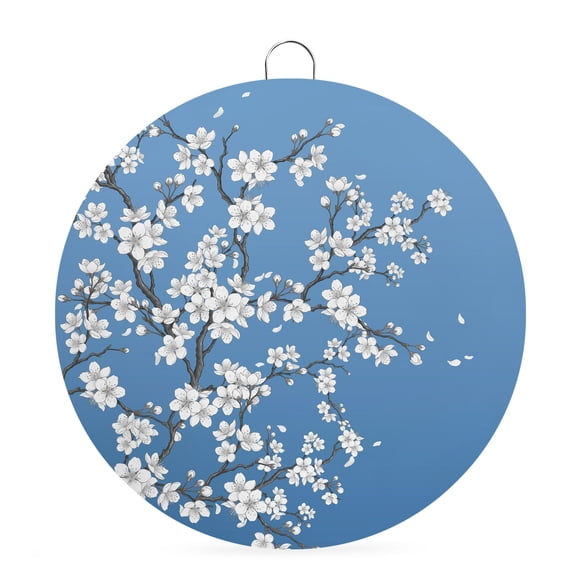 Welcome Sign Front Door Decorations, Spring Floral Round Wall Art Outdoor Metal Wreaths, White Cherry Blossom Fowers Sky Blue Seasonal Hanging Sign for Home Porch Decor Warming Gift 6 In