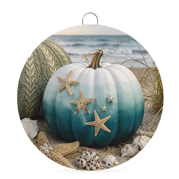 Welcome Sign Front Door Decorations, Teal Ombre Pumpkins Round Wall Art Outdoor Metal Wreaths, Thanksgiving Fall Beach Coastal Seasonal Hanging Sign for Home Porch Decor Warming Gift 6 In