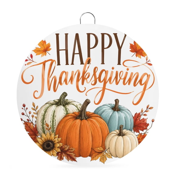 Welcome Sign Front Door Decorations, Teal Orange Pumpkins Fall Round Wall Art Outdoor Metal Wreaths, Happy Thanksgiving Maple Leaf Seasonal Hanging Sign for Home Porch Decor Warming Gift 8 In