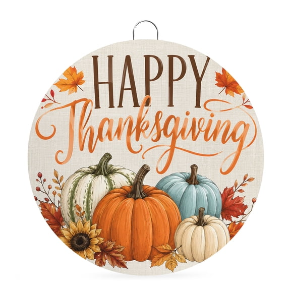 Welcome Sign Front Door Decorations, Teal Orange Pumpkins Fall Round Wall Art Outdoor Metal Wreaths, Happy Thanksgiving Maple Retro Seasonal Hanging Sign for Home Porch Decor Warming Gift 8 In