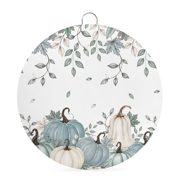 Welcome Sign Front Door Decorations, Teal Pumpkins Fall Round Wall Art Outdoor Metal Wreaths, Thanksgiving Autumn Leaves Botanical Seasonal Hanging Sign for Home Porch Decor Warming Gift 6 In