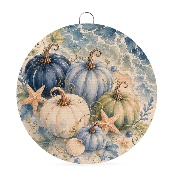 Welcome Sign Front Door Decorations, Thanksgiving Coastal Round Wall Art Outdoor Metal Wreaths, Fall Ocean Nautical Pumpkin Starfish Seasonal Hanging Sign for Home Porch Decor Warming Gift 6 In