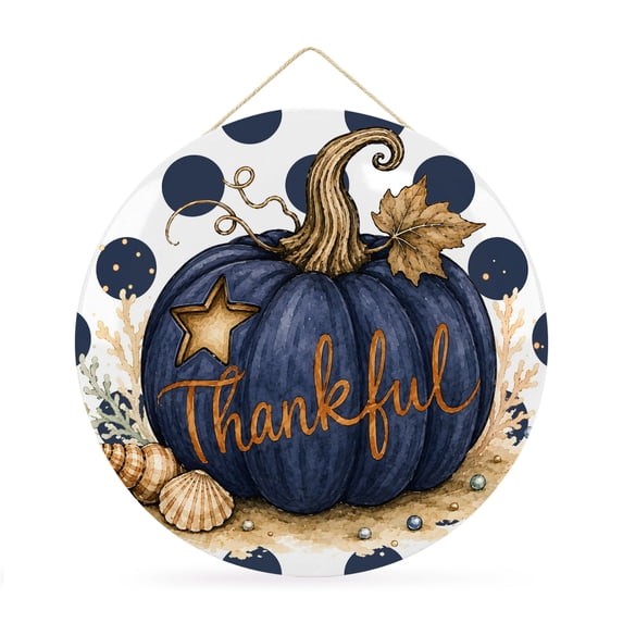 Welcome Sign Front Door Decorations, Thanksgiving Fall Round Wall Art Outdoor Metal Wreaths, Navy Blue Pumpkin Star Shells Conch Seasonal Hanging Sign for Home Porch Decor Warming Gift 12 In