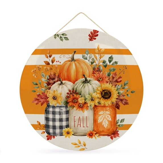 Welcome Sign Front Door Decorations, Thanksgiving Fall Round Wall Art Outdoor Metal Wreaths, Pumpkins Harvest Sunflower Orange Striped Seasonal Hanging Sign for Home Porch Decor Warming Gift 12 In
