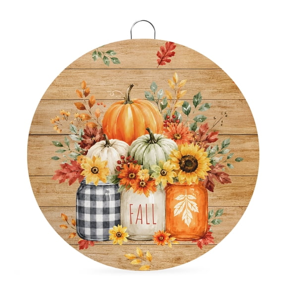 Welcome Sign Front Door Decorations, Thanksgiving Fall Round Wall Art Outdoor Metal Wreaths, Pumpkins Harvest Sunflower Wood Grain Seasonal Hanging Sign for Home Porch Decor Warming Gift 6 In