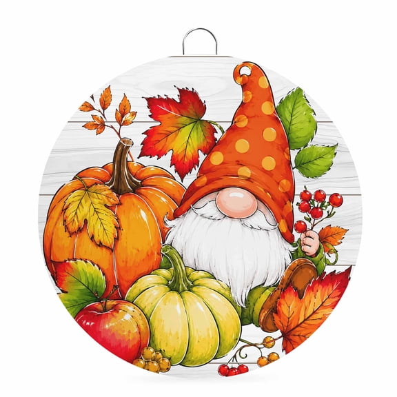 Welcome Sign Front Door Decorations, Thanksgiving Gnomes Round Wall Art Outdoor Metal Wreaths, Fall Pumpkin Maple Leaves Wooden Gray Seasonal Hanging Sign for Home Porch Decor Warming Gift 6 In