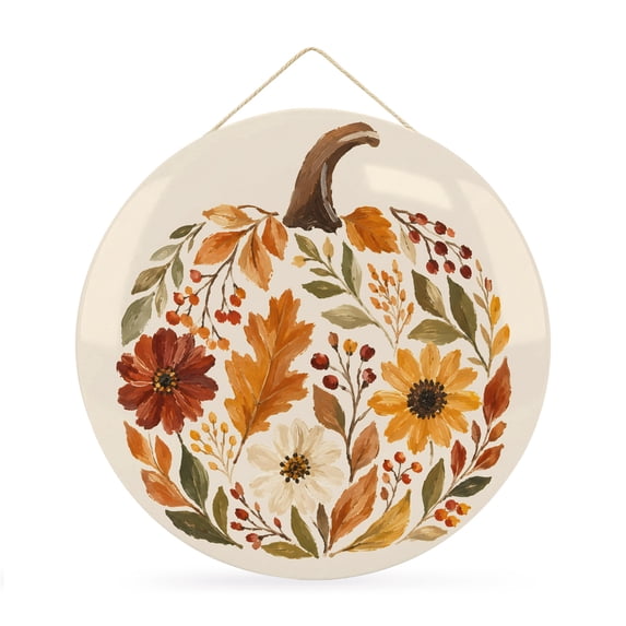 Welcome Sign Front Door Decorations, Thanksgiving Round Wall Art Outdoor Metal Wreaths, Fall Abstract Leaves Pumpkin Autumn Rustic Seasonal Hanging Sign for Home Porch Decor Warming Gift 12 In