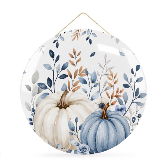 Welcome Sign Front Door Decorations, Thanksgiving Round Wall Art Outdoor Metal Wreaths, Fall Blue White Pumpkin Leaves Flowers Seasonal Hanging Sign for Home Porch Decor Warming Gift 12 In