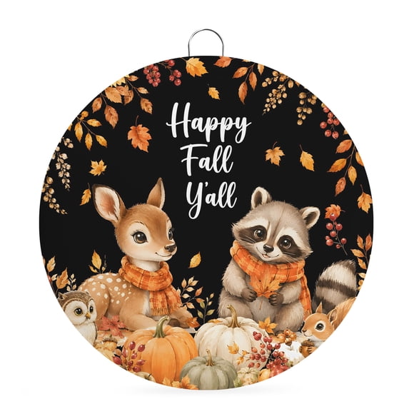 Welcome Sign Front Door Decorations, Thanksgiving Round Wall Art Outdoor Metal Wreaths, Fall Deer Raccoon Pumpkins Maple Leaf Black Seasonal Hanging Sign for Home Porch Decor Warming Gift 8 In