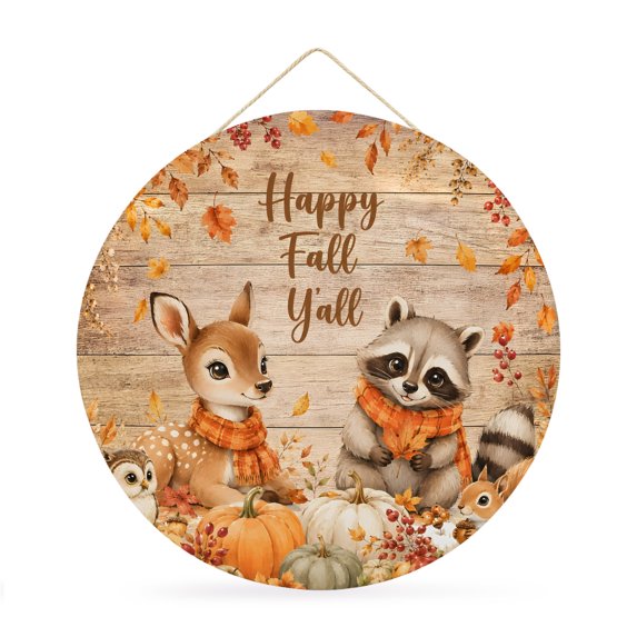 Welcome Sign Front Door Decorations, Thanksgiving Round Wall Art Outdoor Metal Wreaths, Fall Deer Raccoon Pumpkins Maple Leaf Wooden Seasonal Hanging Sign for Home Porch Decor Warming Gift 12 In