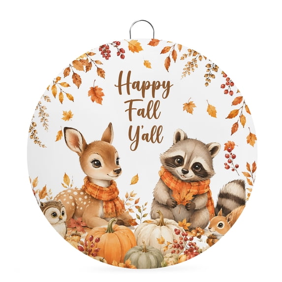 Welcome Sign Front Door Decorations, Thanksgiving Round Wall Art Outdoor Metal Wreaths, Fall Deer Raccoon Pumpkins Maple Leaves Seasonal Hanging Sign for Home Porch Decor Warming Gift 8 In