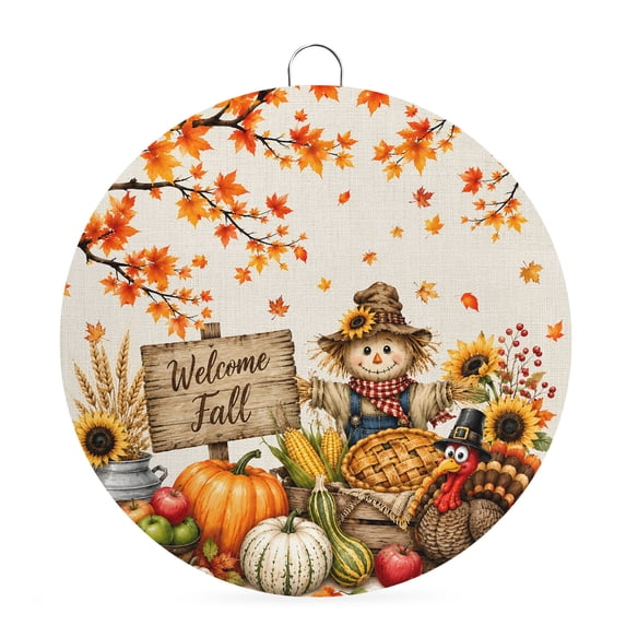 Welcome Sign Front Door Decorations, Thanksgiving Round Wall Art Outdoor Metal Wreaths, Fall Harvest Pumpkins Maple Leaves Rustic Seasonal Hanging Sign for Home Porch Decor Warming Gift 6 In
