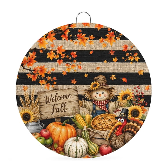 Welcome Sign Front Door Decorations, Thanksgiving Round Wall Art Outdoor Metal Wreaths, Fall Harvest Pumpkins Maple Leaves Striped Seasonal Hanging Sign for Home Porch Decor Warming Gift 8 In