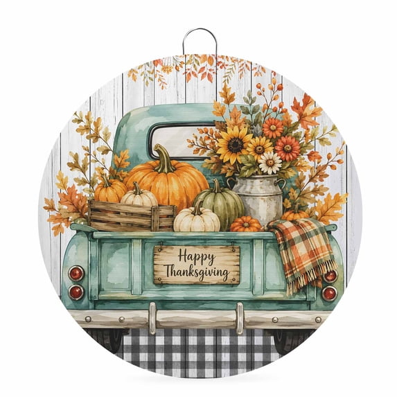 Welcome Sign Front Door Decorations, Thanksgiving Round Wall Art Outdoor Metal Wreaths, Fall Pumpkin Maple Leaf Havest Truck Wood Plaid Seasonal Hanging Sign for Home Porch Decor Warming Gift 6 In
