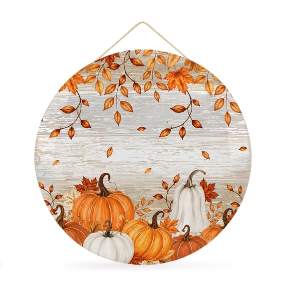 Welcome Sign Front Door Decorations, Vintage Fall Round Wall Art Outdoor Metal Wreaths, Maple Leaf Branch Thanksgiving Pumpkin Wooden Seasonal Hanging Sign for Home Porch Decor Warming Gift 12 In