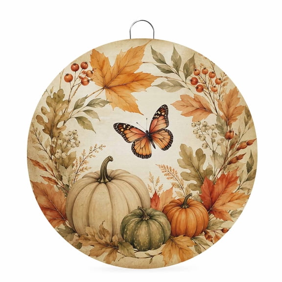 Welcome Sign Front Door Decorations, Vintage Pumpkins Fall Round Wall Art Outdoor Metal Wreaths, Thanksgiving Butterfly Leaves Retro Seasonal Hanging Sign for Home Porch Decor Warming Gift 8 In