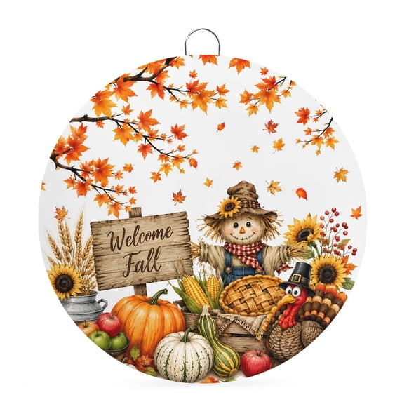 Welcome Sign Front Door Decorations, Welcome Fall Round Wall Art Outdoor Metal Wreaths, Thanksgiving Pumpkins Maple Leaf Turkey Seasonal Hanging Sign for Home Porch Decor Warming Gift 8 In