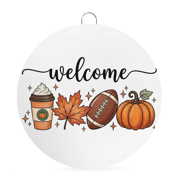 Welcome Sign Front Door Decorations, Welcome Fall Round Wall Art Outdoor Metal Wreaths, Thanksgiving Pumpkins Maple Leaves Football Seasonal Hanging Sign for Home Porch Decor Warming Gift 8 In