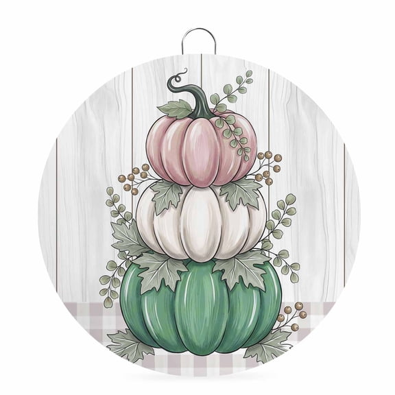 Welcome Sign Front Door Decorations, White Green Pumpkins Fall Round Wall Art Outdoor Metal Wreaths, Thanksgiving Wooden Botanical Seasonal Hanging Sign for Home Porch Decor Warming Gift 8 In