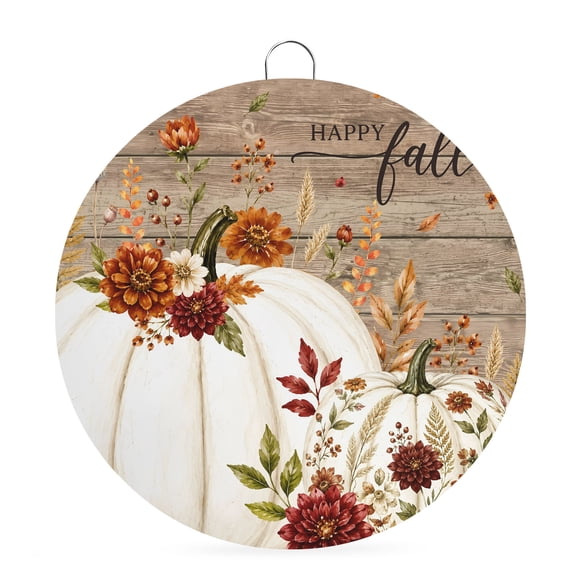 Welcome Sign Front Door Decorations, White Pumpkins Fall Round Wall Art Outdoor Metal Wreaths, Wooden Thanksgiving Floral Botanical Seasonal Hanging Sign for Home Porch Decor Warming Gift 6 In