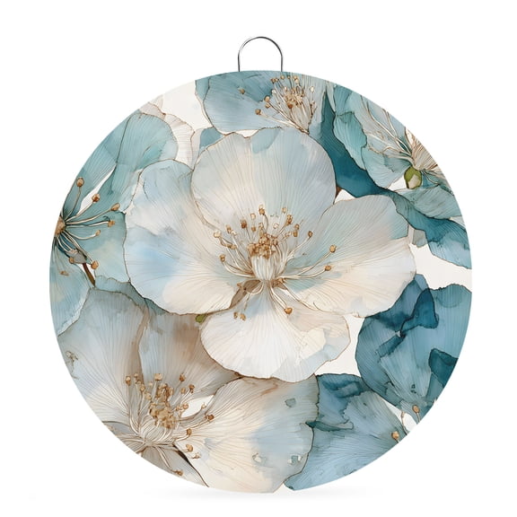 Welcome Sign Front Door Decorations, White Teal Cherry Blossom Round Wall Art Outdoor Metal Wreaths, Spring Summer Flowers Watercolor Seasonal Hanging Sign for Home Porch Decor Warming Gift 8 In