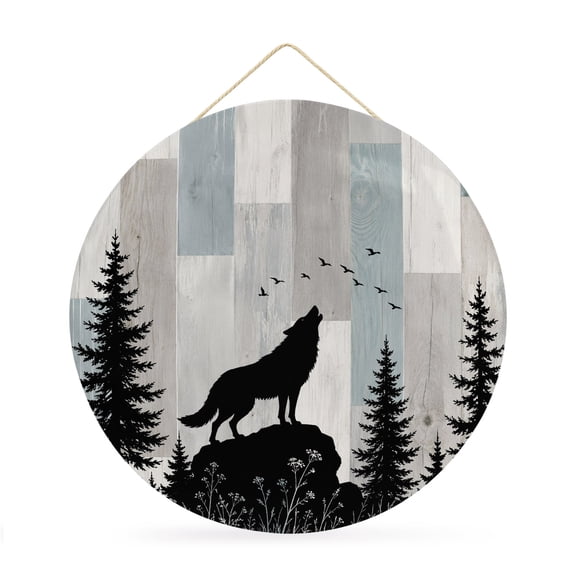 Welcome Sign Front Door Decorations, Wild Wolf Round Wall Art Outdoor Metal Wreaths, Farmhouse Forest Trees Wood Grain Blue Grey Seasonal Hanging Sign for Home Porch Decor Warming Gift 12 In