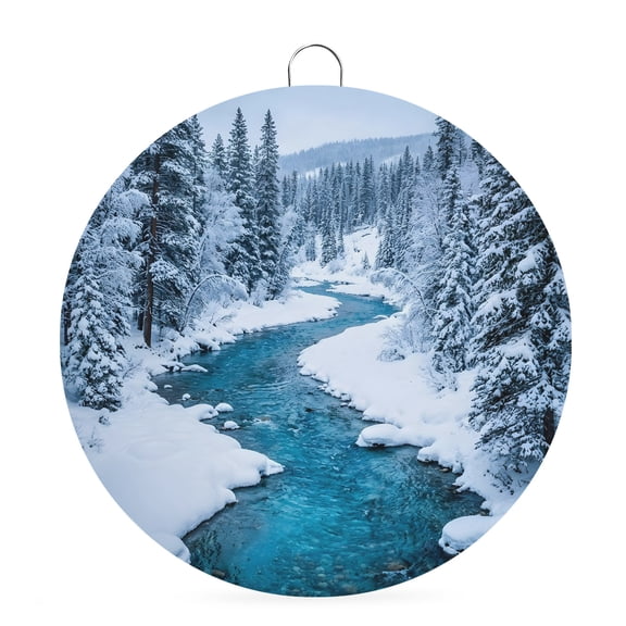 Welcome Sign Front Door Decorations, Winter Snowy River Round Wall Art Outdoor Metal Wreaths, Nature Pine Trees Forest Snowy Scenery Seasonal Hanging Sign for Home Porch Decor Warming Gift 6 In