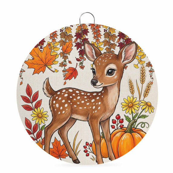 Welcome Sign for Front Door, Deer Thanksgiving Round Metal Wall Art Wreaths, Fall Pumpkins Leaves Rustic Outdoor Indoor Wall Hanging Sign for Porch Decor Housewarming Gifts 5.9 Inch